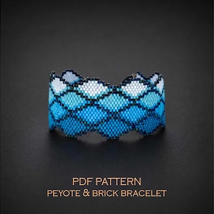 Ocean Wave Beading Pattern for a Scalloped Blue Ombre Bracelet, Combined Peyote & Brick Stitch Cuff, Summer Mermaid Jewelry