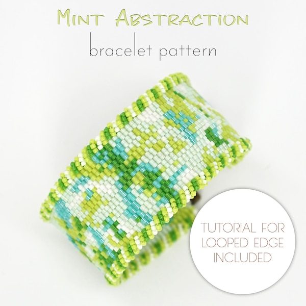 Beading pattern for Miyuki bracelet with abstract design in green colors and looped beaded edge. Avant-garde vibe to emphasize your style.