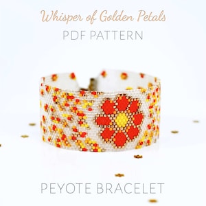 Pulsera Peyote con diseño de flores otoñales doradas, brazalete floral cálido con pétalos que caen y brillo cristalino, diseño naranja de regreso a clases.