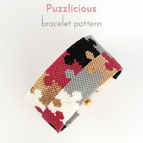 Peyote stitch pattern for beaded bracelet with glamorous and colorful puzzle pieces . Modern and elegant mosaic design for everyday wear