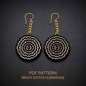 Round medallions brick stitch earrings pattern - black & copper metallic party beading craft (PDF download)