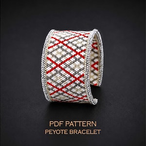 Modern geruit peyote-patroon voor een rood-zilveren tartan armband, een geruite kralenmanchet met GRATIS lusvormige rand (PDF-project)
