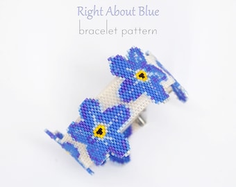 Delica pattern for beaded bracelet with floral design of blue forget me nots with protruding petals. Ethereal and subtle handmade cuff.