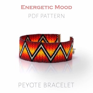 Patrón de pulsera de peyote ardiente con zigzag geométrico, diseño de flujo de lava audaz en rojo y naranja, proyecto moderno de joyería con cuentas.