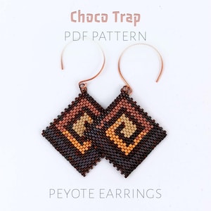 May include: Diamond-shaped beaded earrings in shades of brown, orange, and tan, with copper-colored ear wires. The earrings feature a geometric pattern. Text on the image reads "Choco Trap PDF Pattern" and "Peyote Earrings."