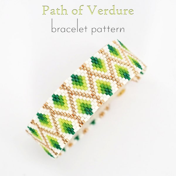 Delica peyote bracelet pattern for elegant and modest design at the same time in colors of gold and emerald green. Great subtle gift.