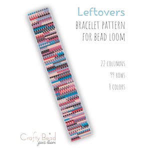 May include: A colorful bead loom bracelet pattern with the text "Leftovers". The pattern includes 22 columns, 99 rows, and 8 colors. The bracelet design features a mix of pink, blue, and black beads.