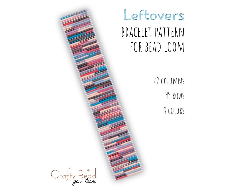A colorful bead loom bracelet pattern "Leftovers" by Crafty Bead, with a multi-color striped design that resembles a knitted texture.