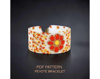 Pulseira com padrão peiote Golden Autumn Bloom, pulseira floral aconchegante com pétalas caídas e brilho de cristal, design laranja para a volta às aulas.