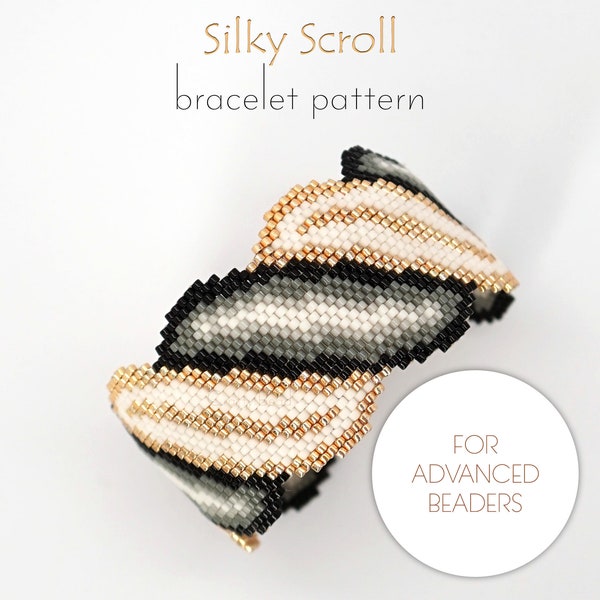 Beading pattern for Delica bracelet with shiny gold, white and black spiral scroll. Bold and fashion-forward design for advanced beaders!