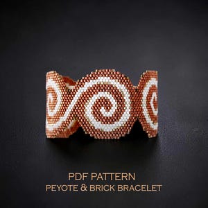 Padrão de miçangas em espiral rústicas para pulseira em ponto peiote e ponto tijolo, bracelete steampunk moderno, design de joias DIY em cobre com estilo industrial.