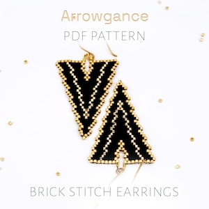 Golden arrow brick stitch earrings pattern - black & gold V-shape edgy beading project (PDF download)
