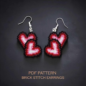 Hugging hearts brick stitch earrings pattern - beaded romantic red ombre love design (PDF download)