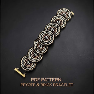 Circles peyote & brick stitch bracelet pattern - metallic gold and copper party beading design (PDF)