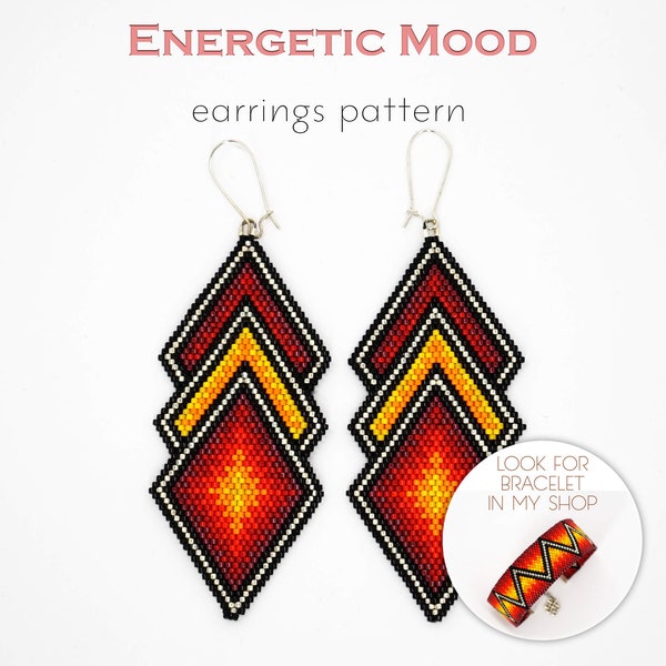 Beading pattern for brick stitch earrings showing energetic red hot glowing diamonds in modern style for everyday wear. Easy to make.