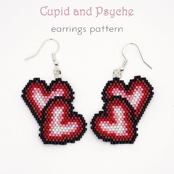 Beading pattern for brick stitch earrings in shape of cute red shaded hearts. Fast to make and cost-effective gift for Valentine's Day.