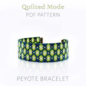 Modern Quilt Peyote Bracelet Pattern, a Contemporary Blue & Green Patchwork Design with a Honeycomb Effect, Textile Art Jewelry Project