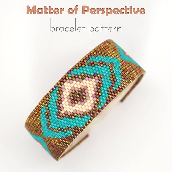Delica pattern for ethnic bracelet design. Copper and turquoise colors gives it a southwestern vibe. Sparkly style for beading beginners.