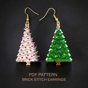 Padrão de brincos de árvore de Natal 2 em 1 com ponto tijolo - Projeto de miçangas natalinas em verde e branco (download em PDF)