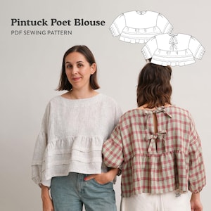 May include: Two women modelling blouses. One is striped, the other is red and green plaid. The blouses have a ruffled hem and three-quarter sleeves. Text at the top reads "Pintuck Poet Blouse PDF Sewing Pattern".