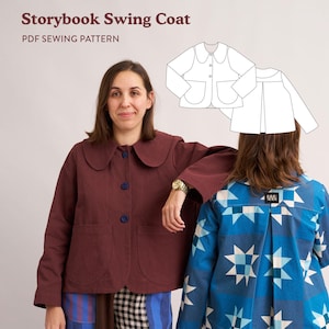 May include: A woman modelling a burgundy Storybook Swing Coat with a rounded collar and blue buttons. The image also shows a blue patterned jacket and a PDF sewing pattern illustration. The text reads "Storybook Swing Coat PDF Sewing Pattern."
