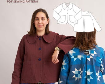 May include: A woman modelling a burgundy Storybook Swing Coat with a rounded collar and blue buttons. The image also shows a blue patterned jacket and a PDF sewing pattern illustration. The text reads "Storybook Swing Coat PDF Sewing Pattern."
