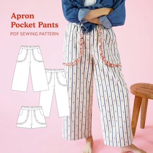 May include: Apron pocket pants PDF sewing pattern. The image shows wide-leg trousers with a vertical striped pattern in white, navy blue, and red. The trousers have decorative ruffles and are worn by a person. The image also includes a line drawing of the trousers.