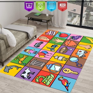 Primeira palavra, alfabeto ABC, tapete de quarto infantil, tapete infantil para educação, tapete colorido, decoração animal, decoração de berçário, presente de inauguração de casa