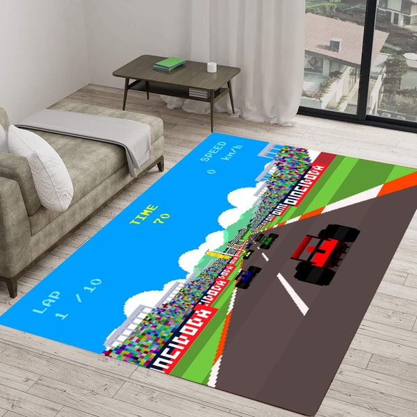Race Car Video Game Rug, Retro Game Rug, Old Games Decor Carpet, Gifts for Gamers, Game Room Decor, Play Room Rug, Chenille Rug