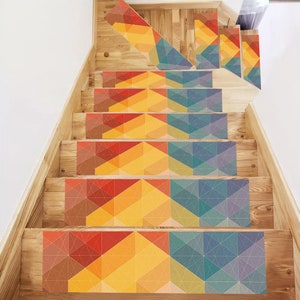 Stair Mat,Geometric Stair Rug,Colorful Stair Rug,Non Slip,Stair Step,The Record Patterned Rug,Special For Your Home Rug,Easy to Clean