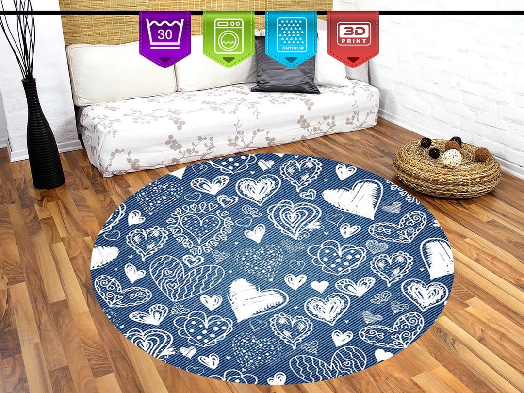 Denim Round Rug: Love Heart Pattern, Modern Home Decor - Etsy