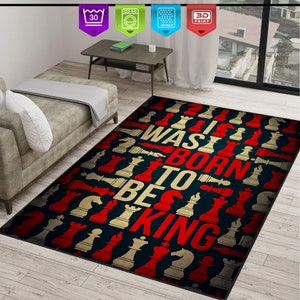 Chess Pieces,Chess Silhouette Chess Player,Game of Kings,Chess Set Pattern Rug,Red Decor,Chessboard Carpet,Checkers Game,Checkmate,Game Rug