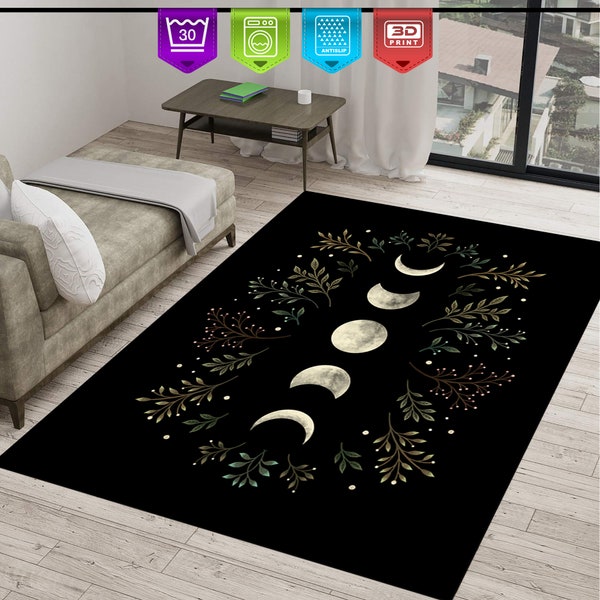 Moonlit Garden Area Rug,Moon Carpet,Lunar Eclipse,Astrology Starry,Night Vines Leaves Floral Garden Bohemian Luna Boho,Moon Phases,Floor Mat