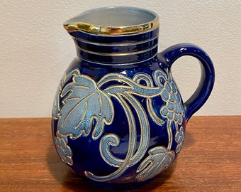 Vintage (Signed) Blue & Gold French Alsacian Wine Jug Pitcher, Painted Grapes Sandstone Pottery, Albert SchmitterVintage