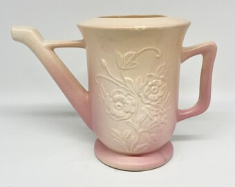 Vintage Pink Hull Mardi Gras Watering Can / Floral Teapot / Marked USA 33 5 1/2 with Embossed Morning Glory Flowers