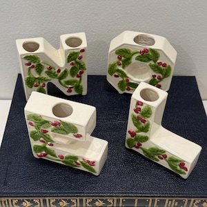 Castiçais de Natal Vintage Raro Branco Com Azevinho e Frutas, 4” de Altura