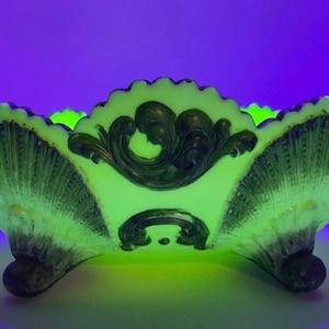 Glows - Vintage Green and Cream Custard Glass Footed Bowl or Planter / Glow under Blacklight /Floral Fan Design Dish with Scalloped Edges
