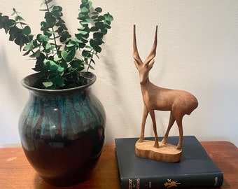 Vintage Mid Century Hand Carved Wood Antelope Statue, Gazelle Figurine, 12” tall, MCM decor