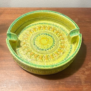 Vintage 8&quot; Aldo Londi For BITOSSI Raymor Italian Lime Green Pottery Ashtray Stamped Italy