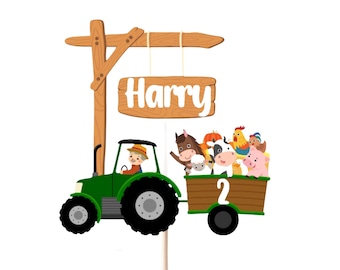 Farm Animals Personalised Cake Topper, Tractor and Farm Animals Cake Topper, Custom Tractor and Farm Animals Cake Topper