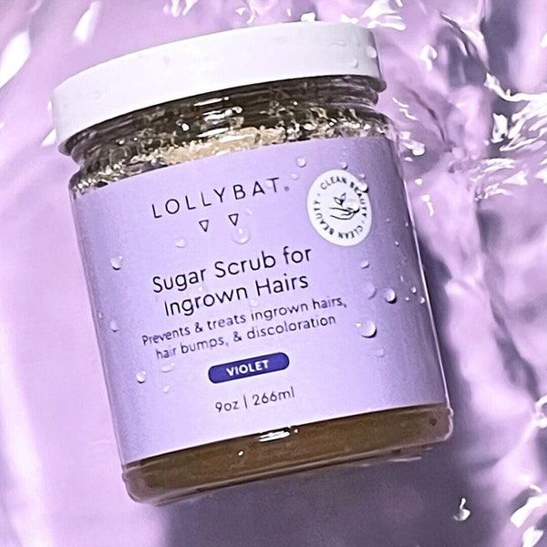 Exfoliante de Azúcar con aroma a Violeta. Exfolia, trata y previene los vellos encarnados, los bultos del cabello, los vellos y las quemaduras por afeitado. - 9 oz de lavanda. LOLYBAT