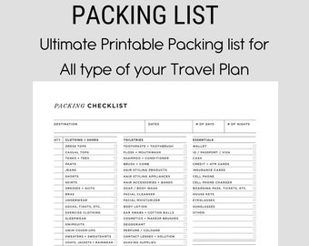 Printable Packing list - Travel Packing List- Instant Download, A4, 8.5 x 11