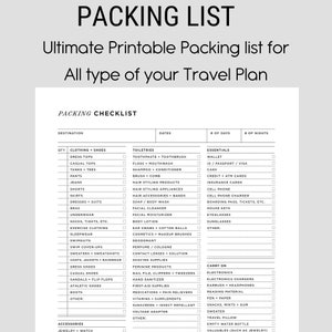Printable Packing List - Travel Packing List- Instant Download, A4, 8.5 ...