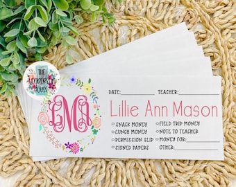 Back to School Envelopes | School Stationary | Personalized Envelopes | Student Organization | Teachers | Girls | Initials | Monogram |