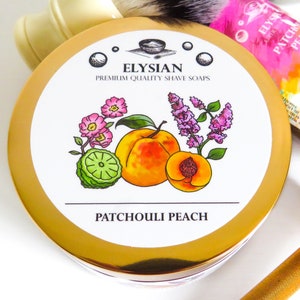 Patchouli Peach Men&#39;s Shaving Soap, Tallow and Shea Butter, Silk, Kaolin Clay, Small Batch, Men&#39;s Shaving Cream, 4 oz