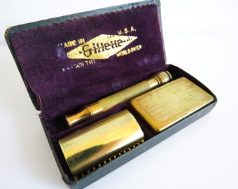 Early 1900s Gillette Pocket Edition, Gold, Double Edged, Safety Razor, Black Leather Case, Includes 4 King Gillette Blue Blades Unopened