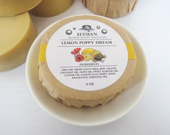 Lemon Poppy Dream, Goat's Milk Soap, Tallow, Olive Oil, Kaolin Clay, Bath and Shower Bar, Handmade Soap, 4 oz