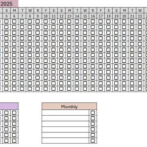 Puede incluir: Un calendario imprimible para enero de 2025 con secciones diarias, semanales y mensuales. Cada sección tiene una cuadrícula de casillas para marcar fechas y eventos. El calendario está en blanco y negro con un encabezado azul claro para la sección diaria, un encabezado morado claro para la sección semanal y un encabezado marrón claro para la sección mensual.