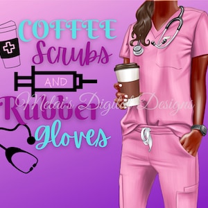 Pink Scrub Nurse, koffie scrubs en rubberen handschoenen, 20oz skinny tumbler wrap, instant download, digitaal bestand, PNG