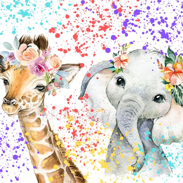 Colorful Baby Giraffe and Baby Elephant, 20oz Skinny Straight Tumbler Wrap, Instant Download, Digital File, PNG